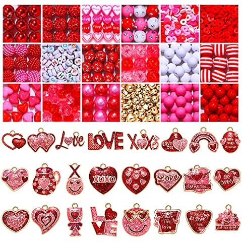 1000PCS+ Valentine’s Day Beads for Jewelry Making, Enamel Heart Charms Bulk, Valentine’s Day Clay Beads Rhinestone Acrylic Loose Beads Letter Spacer Beads for Bracelet Necklace Making DIY Crafts Gifts Cover