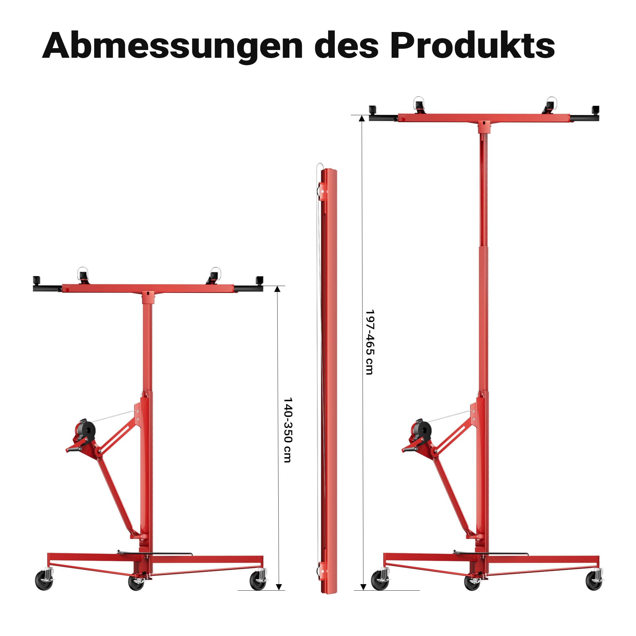 Wiltec SET XXL Plattenheber bis max. 68 kg + 140 cm Verlängerung, Höhe 140-465 cm, max. Breite 2,90 m, Montagehilfe für Trockenbau, Paneelheber mit 3 Rädern, rot