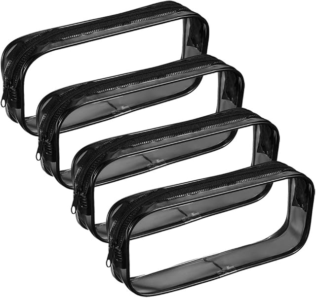 nuoshen 4 Pcs Clear Pencil Bag, Black PVC Pencil Case Transparent Exam Pen Case Clear Makeup Case with Zipper