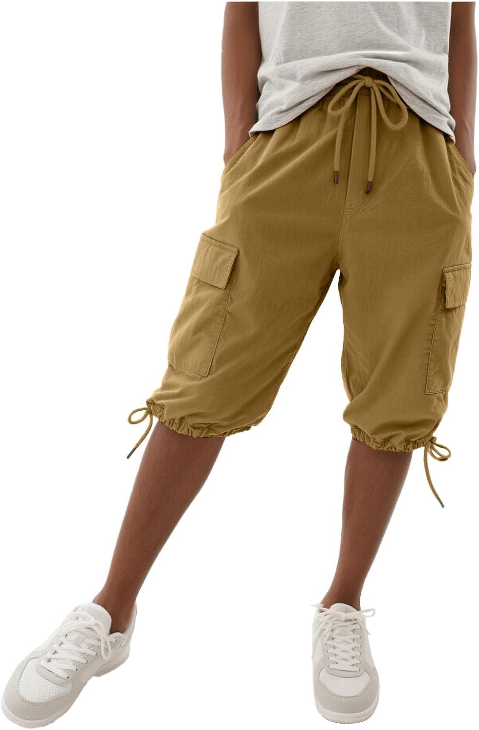 Linen Shorts for Women Knee Length Cargo Bermuda Shorts Summer Casual Beach Short with Pockets Hiking Travel Short Pants
