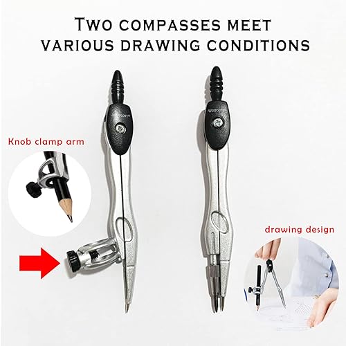 Miniatura 6 de Kit de matemáticas de geometría, brújula y transportador, kit de suministros de dibujo escolar con regla triángulos, borrador, repuesto de plomo, 1