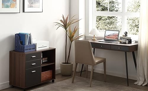 Kevinplus Mid-Century Modern Desk For Home Office Bedroom, Small Computer Desk Writing Desk With 3 Storage Drawers, Metal Legs, Walnut & Dark Grey #TOP2