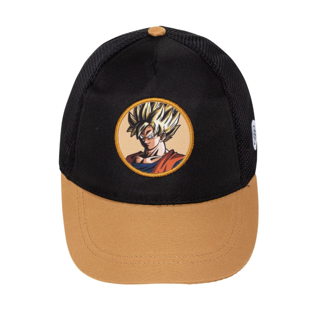 Gorra Dragon Ball Z para Niño y Juvenil, Gorra Infantil de Visera con Rejilla, Negra y Marrón, Bordados Frontal y Lateral, Talla Única 51-54 Centimetros