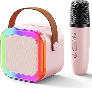 مكبر صوت لاسلكي بلوتوث مع ميكروفون وإضاءة ليد وخاصية تغيير الصوت مناسب كآلة كاريوكي وهدية عيد ميلاد للبالغين والأطفال من الجنسين، وردي