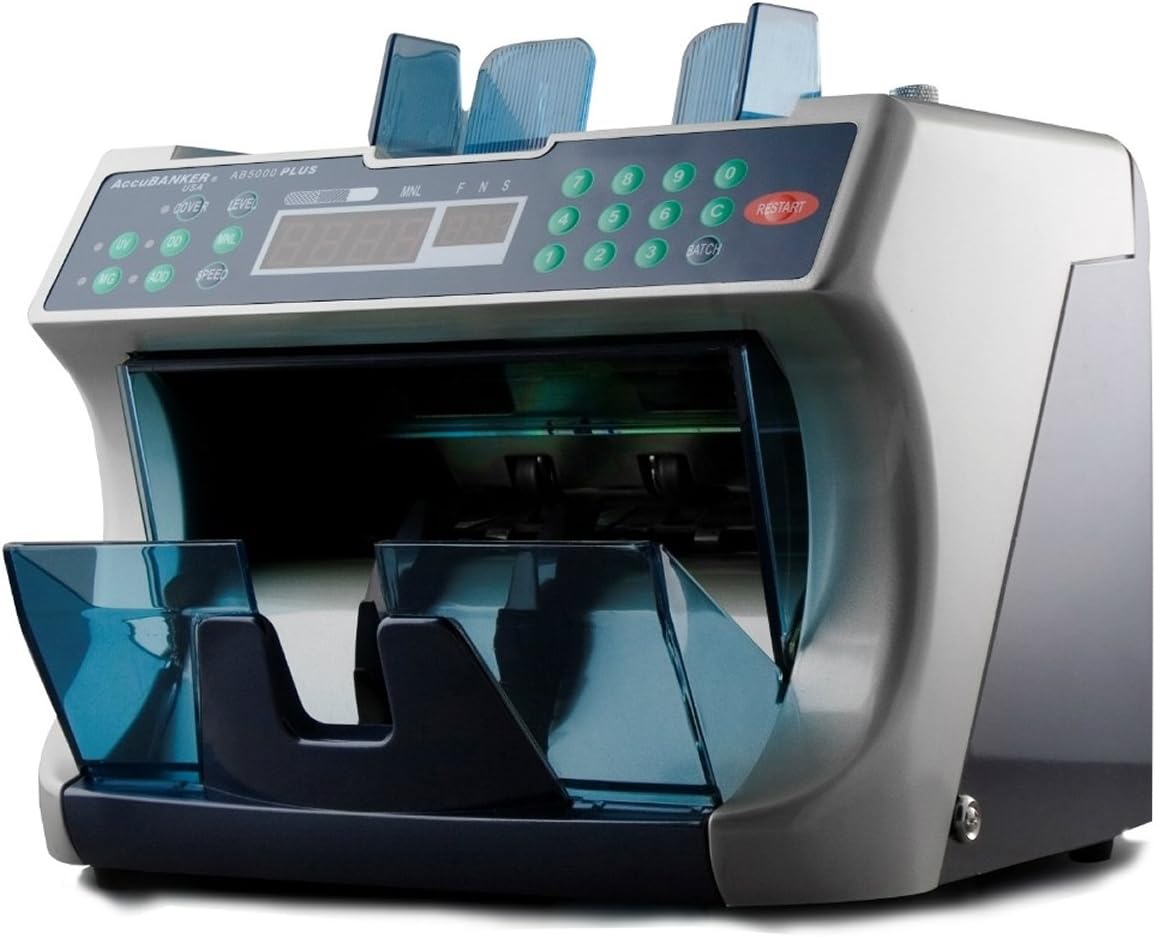 AccuBANKER AB5000PLUS Professional Bill Counter + MGUV Counterfeit Detection, Variable counting speed (700, 1000, 1500 bills/minute), Front Loading Roller Friction, Hopper Capacity 100 bills, Stacker Capacity 200 bills, Size of Vountable Bills 50mm x 100mm - 100mm x 185mm, Tickness of Countable Bills 0.06mm - 0.12mm, Saves time and labor costs, Reduces losses due to human error, Anyone can use it, Computerized for counting, adding and batching, Automatically adjusts to 110 or 220V current, Automatic built-in dust cover, Two-tone colored body, Integrated MG Magnetic and UV Ultraviolet counterfeit detection systems, Solid 15 gauge steel frame