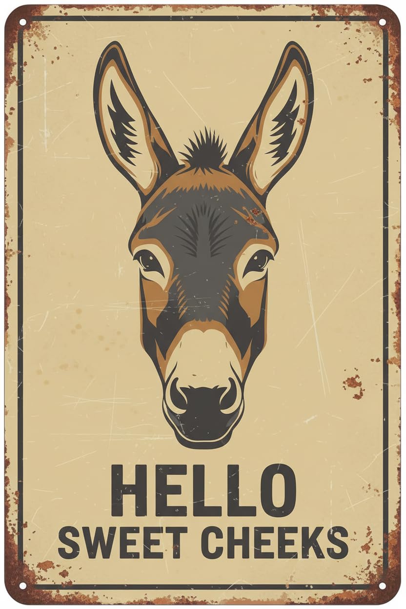 Hello Sweet Cheeks Donkey Bathroom Tin Sign, 12x8 Inch