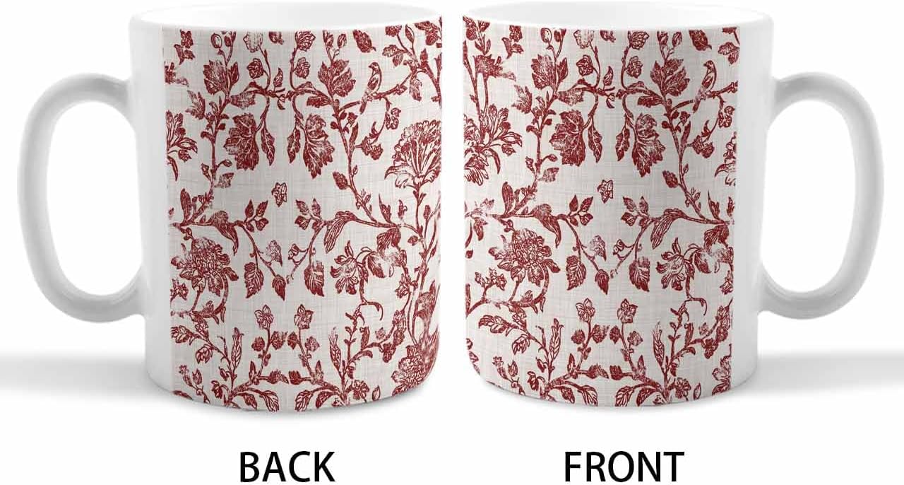 BEMIGO Ceramic Coffee Mug Pastoral Red Flowers Ceramic Mug White Cup, Vintage Farmhouse Pattern Insulated Coffee Cup with Handle with Pattern Perfect for Tea and Hot Beverages, 12oz
