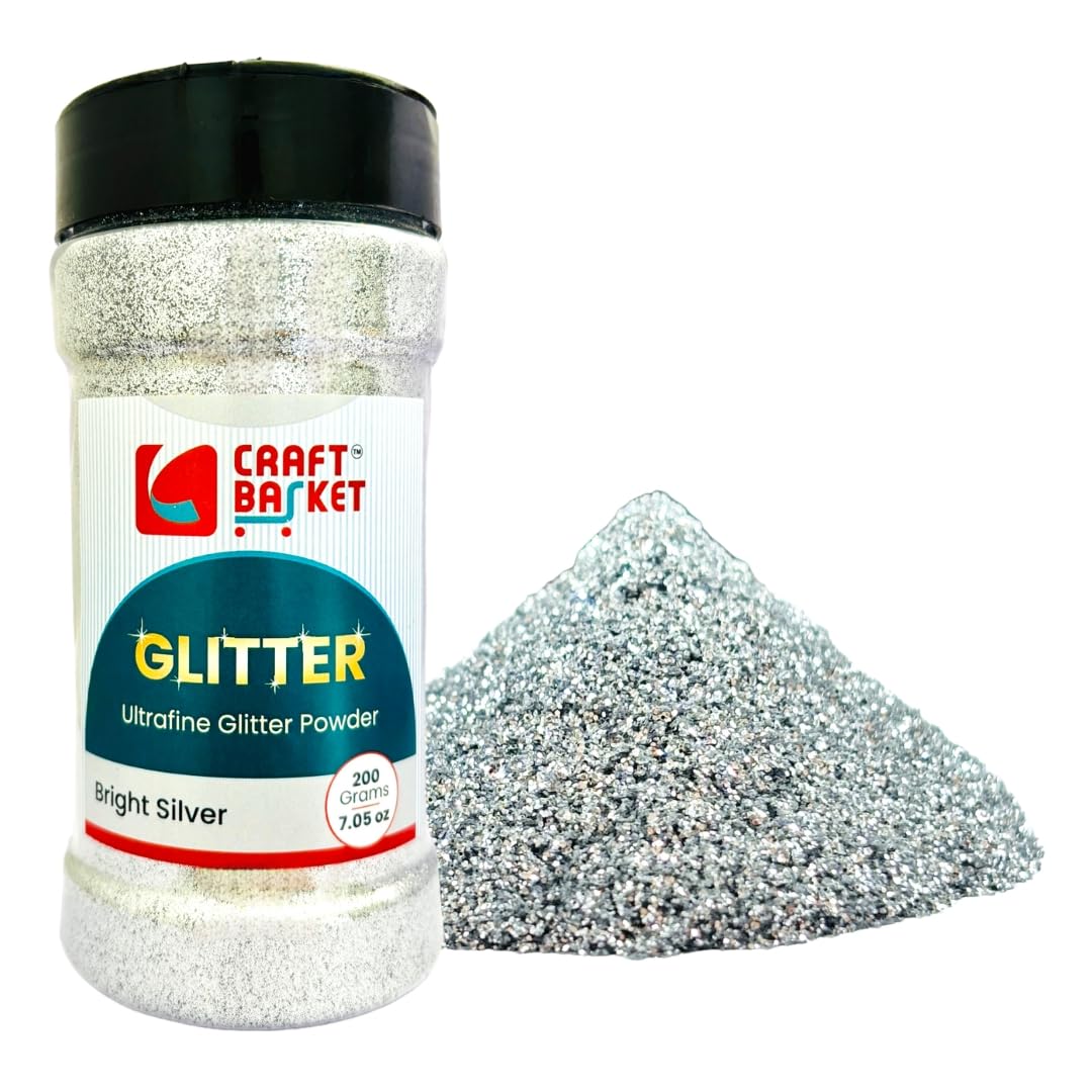 CRAFT BASKET® Ultra Fine Glitter for Art & Craft (50 Colours)(All Packs: 10 g,25 g,50 g,100 g,200 g,500 g) DIY Projects, Resin & Nail Art, Multi-Purpose Sparkle Glitter (Bright Silver, 200 g)-image-4