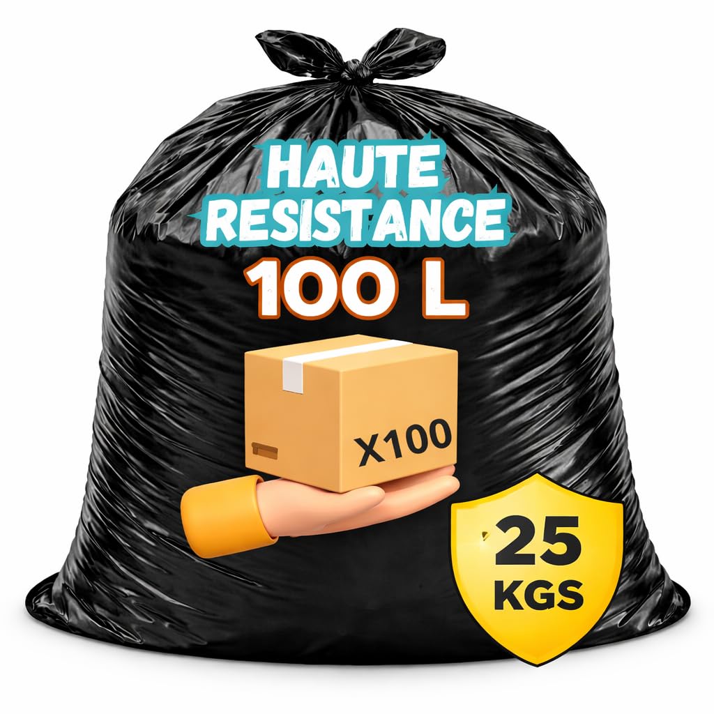 100 Bolsas de basura 100L ultra resistentes | Anticorte, impermeables, para residuos pesados | Fabricación europea | Polietileno reciclado