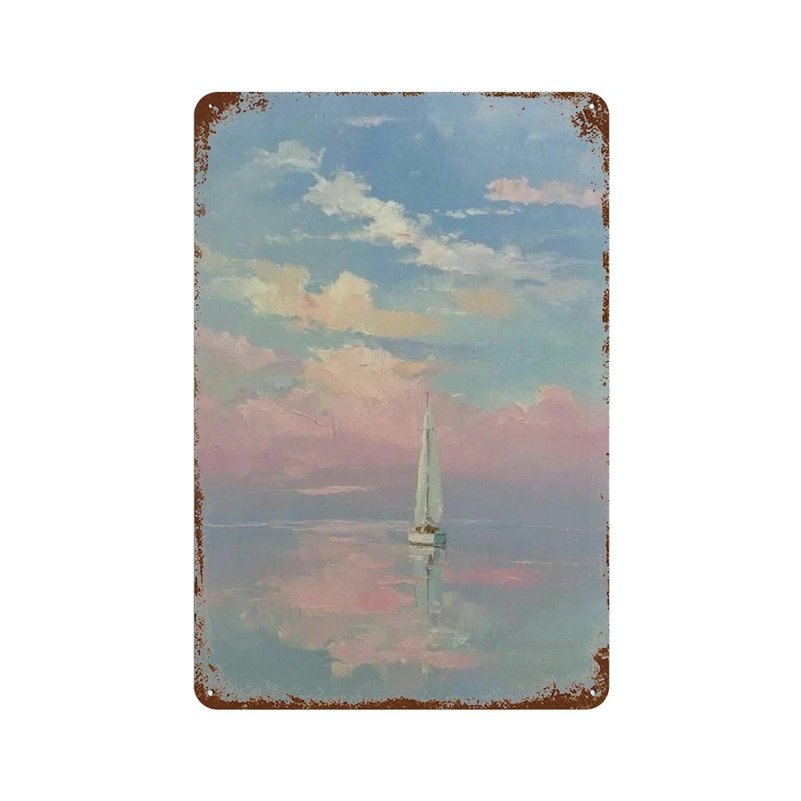 xiaoxiaoshen Sailboat at Sunset Pastel Seascape Dreamy Ocean Painting Soft Sky Reflection Ser Wall Decor Art Metal Tin Poster Modern Home Decor Art Home Bar Shop Decorations Vintage Sign 30x20cm