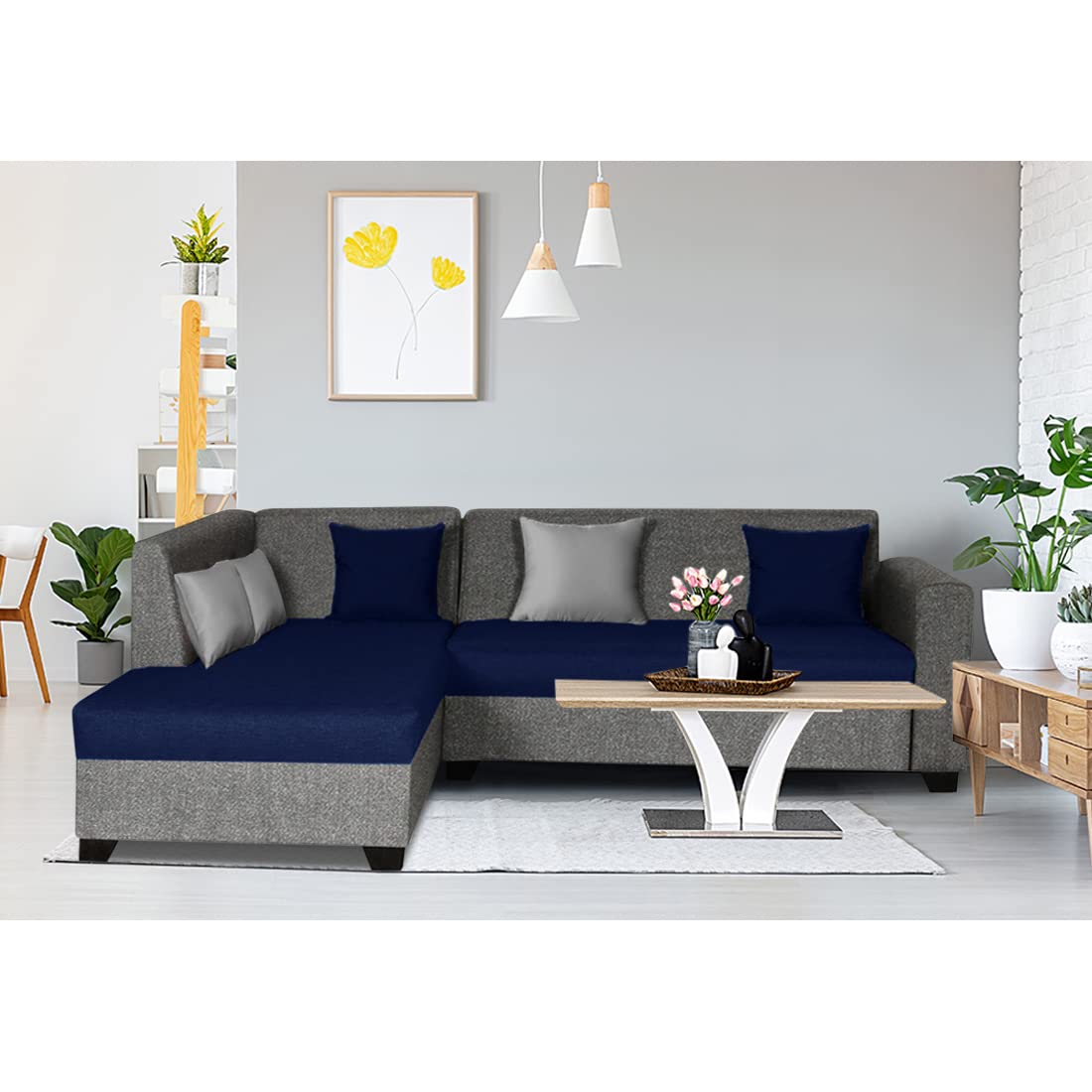 Mintcasa Bartos 5 Seater Fabric LHS L Shape Sofa Set (Blue-Grey)