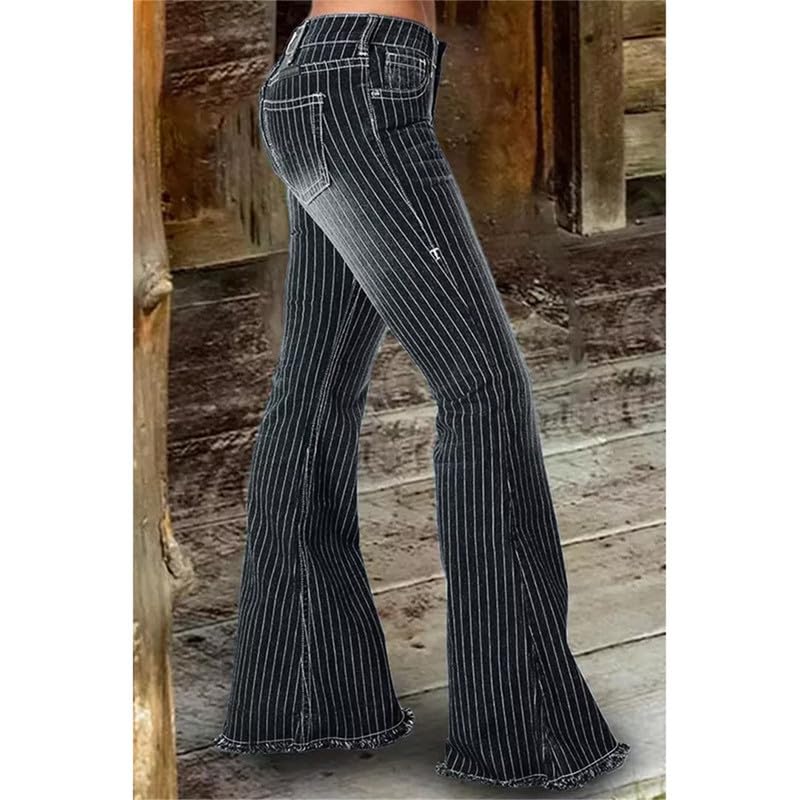 Andongnywell Womens Striped Bell Jeans Classic High Waist Flared Denim Pants Boho Printed High Rise Flare Pants4