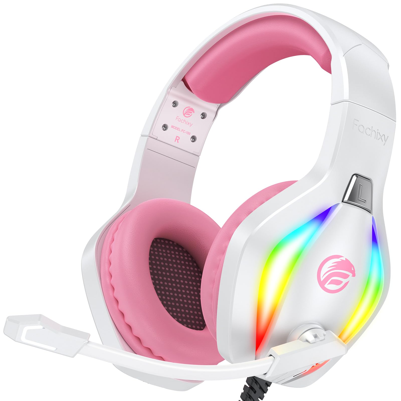 Fachixy FC100 Gaming Headset with Microphone for PS4, PS5, Switch, Xbox, Mac, PC Gaming Headphones with Mic, Gamer Headset with RGB Light - White-Pink