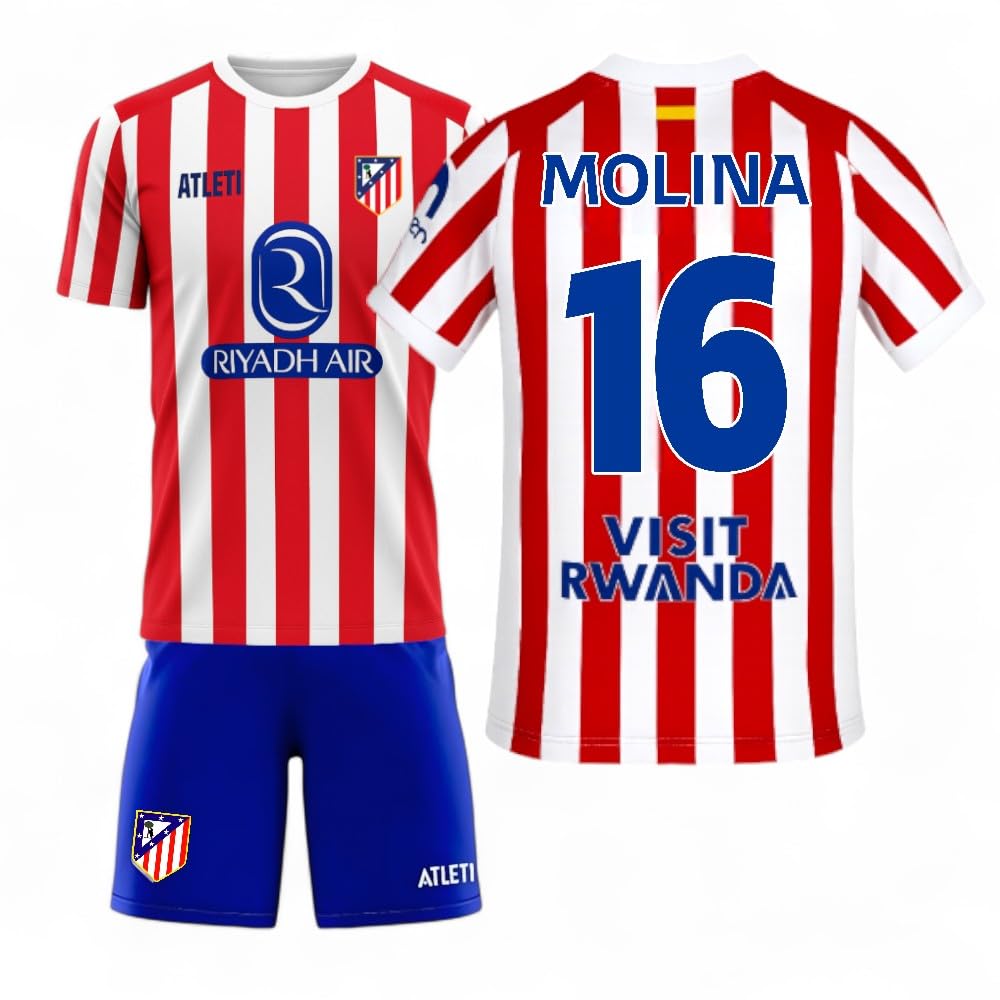 Atletico de Madrid - Camiseta + Pantalon Oficial 25-26 | Molina #16 | Primera Equipación | Escudo Bordado Producto Licenciado | Tallas Niño