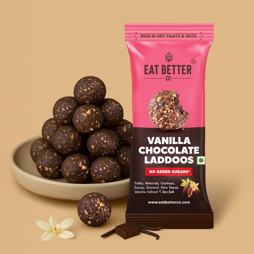 EAT BETTER CO - Vanilla Chocolate - Sugar-Free Laddoos | High Protein & Instant Energy | 95% Dry-Fruits - Pack of 4 - Healthy Chocolate – No Added Sugar | Healthy Snacks | Energy-Bar Replacement - 40g