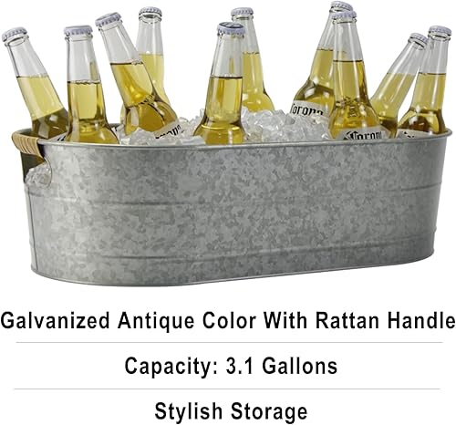 Miniatura 4 de Cubo de Hielo Galvanizado, 2 Piezas Tina de Bebidas Ovalada de 5 Galones, Cubos de Hielo Enfriadores de Bebidas para Fiestas, Cubo de Metal con