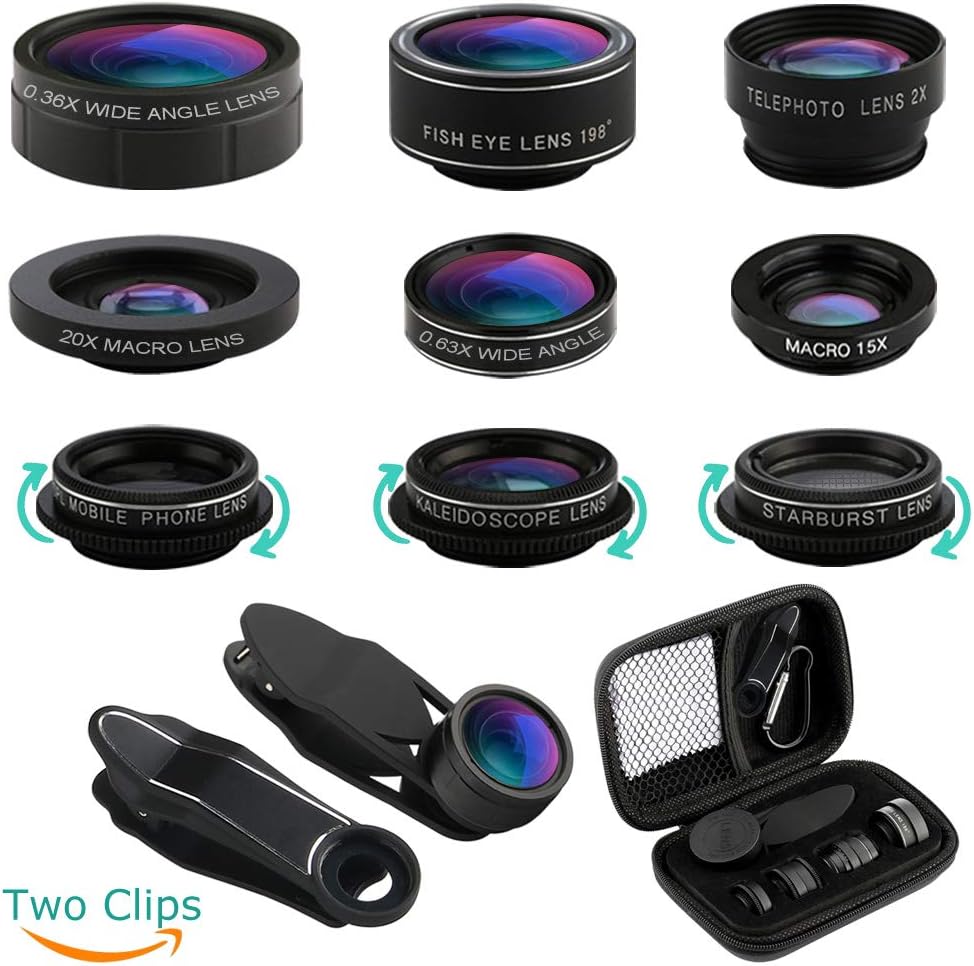 iPhone Lens, Cell Phone Lens Kit 11-in-1,Super Wide Angle Lens+Super Macro Lens+Fisheye Lens+Starburst+CPL +Kaleidoscope+Telephoto Lens for iPhone X/8/7/6s/6 Plus, Samsung, Android Smartphones