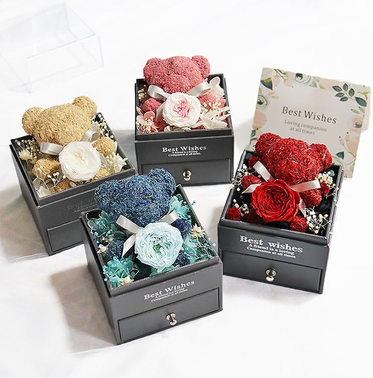 Miniatura 2 de JUNY Rosas reales preservadas para ella, bonito oso musgo y rosas significativas para siempre en una caja de joyería, regalo para novia, mamá,