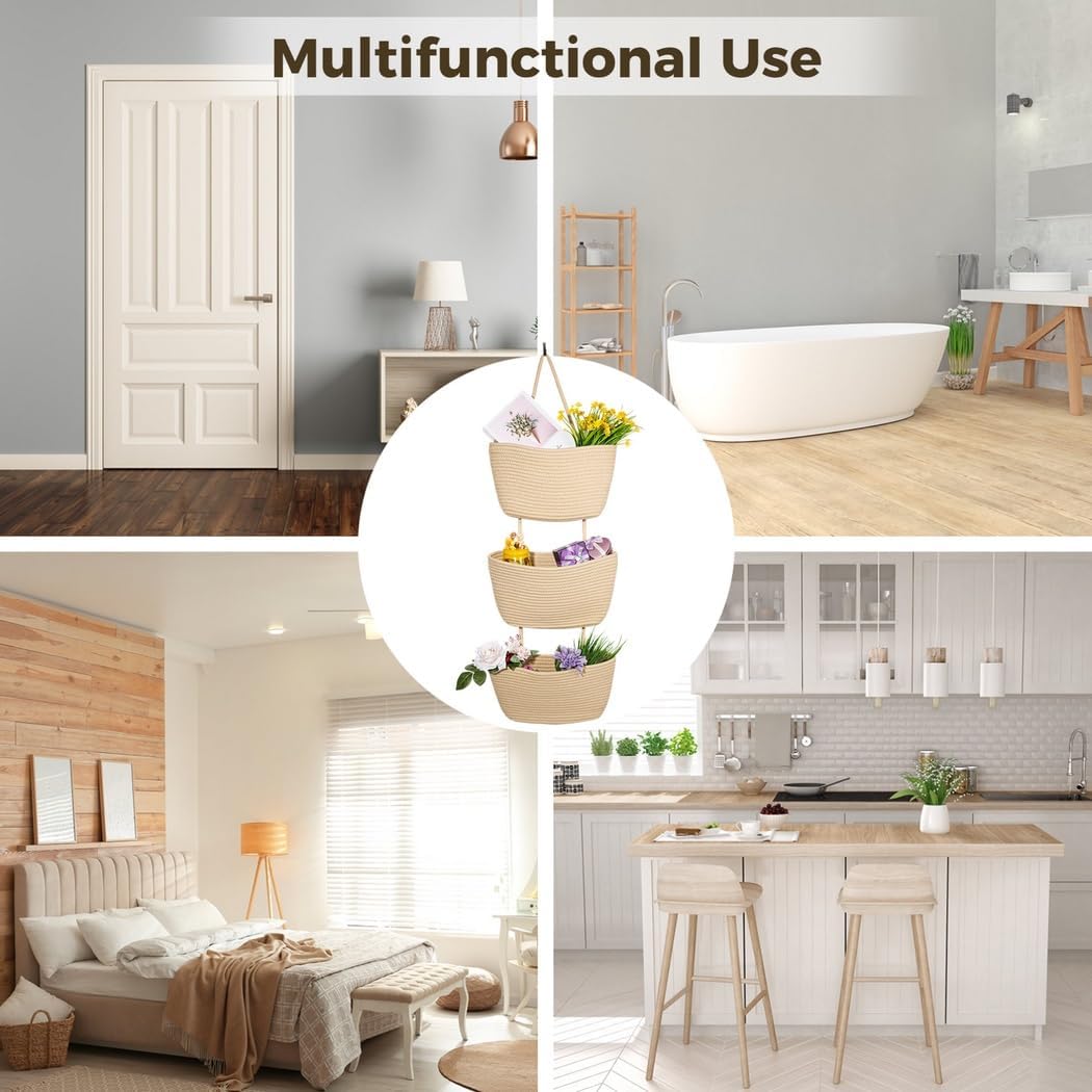 Over The Door 3-Tier Cotton Rope Organizer, Hanging Wall-Mounted Storage Baskets for Bedroom, Bathroom, and Living Room with Detachable Features