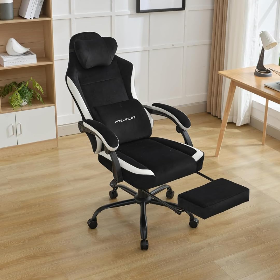 PixelPilot Silla de gaming con reposapiés, silla ergonómica para gaming, de tela transpirable, asiento ancho, soporte lumbar, soporta hasta 150 kg, color negro