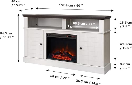Miniatura 4 de Teamson Home Eliana - Centro de entretenimiento de granja de 60 pulgadas con chimenea, estantes abiertos, dos gabinetes, roble blanco y oscuro