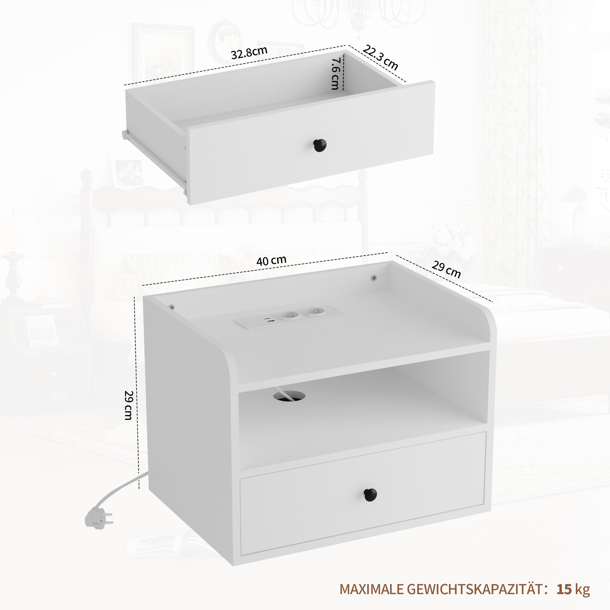 BonVache Nachttisch Hängend 2er Set, Nachttische Wandmontage mit Offener Raum und Schubladen, Steckdosen und Schnittstellen, Modern, für Wohnzimmer, Schlafzimmer, Weiß