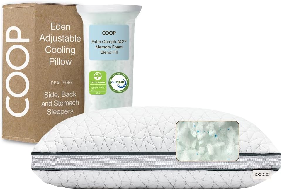 Coop Home Goods Eden Bed Pillow Queen Size for Sleeping on Back, Stomach and Side Sleeper- Medium Soft Memory Foam Cooling Gel – CertiPUR-US/GREENGUARD Gold Coop Home Goods Eden Bed Pillow Queen Size for Sleeping on Back, Stomach and Side Sleeper- Medium Soft Memory Foam Cooling Gel – CertiPUR-US/GREENGUARD Gold