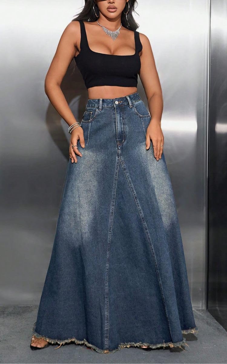 Women's Vintage Full Length Denim Skirts High Waisted Frayed Raw Hem Flared A Line Maxi Long Jean Skirts - Image 5