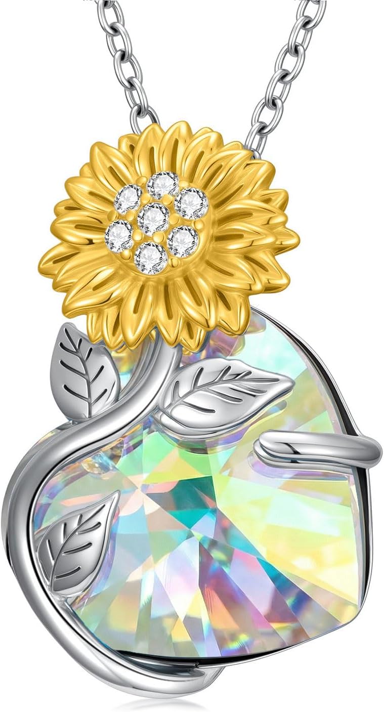 Sunflower Birthstone Necklace for Women 925 Sterling Silver Sunflower Pendant Necklace with Heart Birthstone Jewelry Gift for Mom Wife
