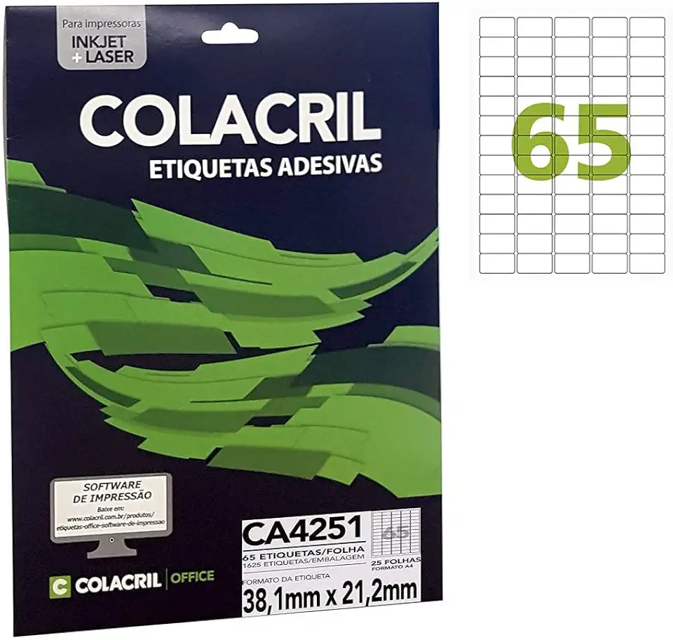 Etiqueta Adesiva Colacril, Ink-Jet/Laser A4, CA4251, Branco, 38.1 x 21.2 mm, envelope com 25 fls-1625 etiquetas