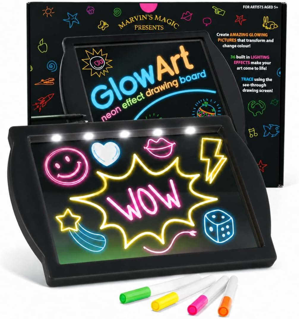 Marvin's Magic Glow Art Neon LED Drawing Board for Kids - Black Doodle Board with Glow in the Dark Markers - Light Up Tracing Pad and Drawing Tablet - Mess Free Arts and Crafts Set Ages 5+