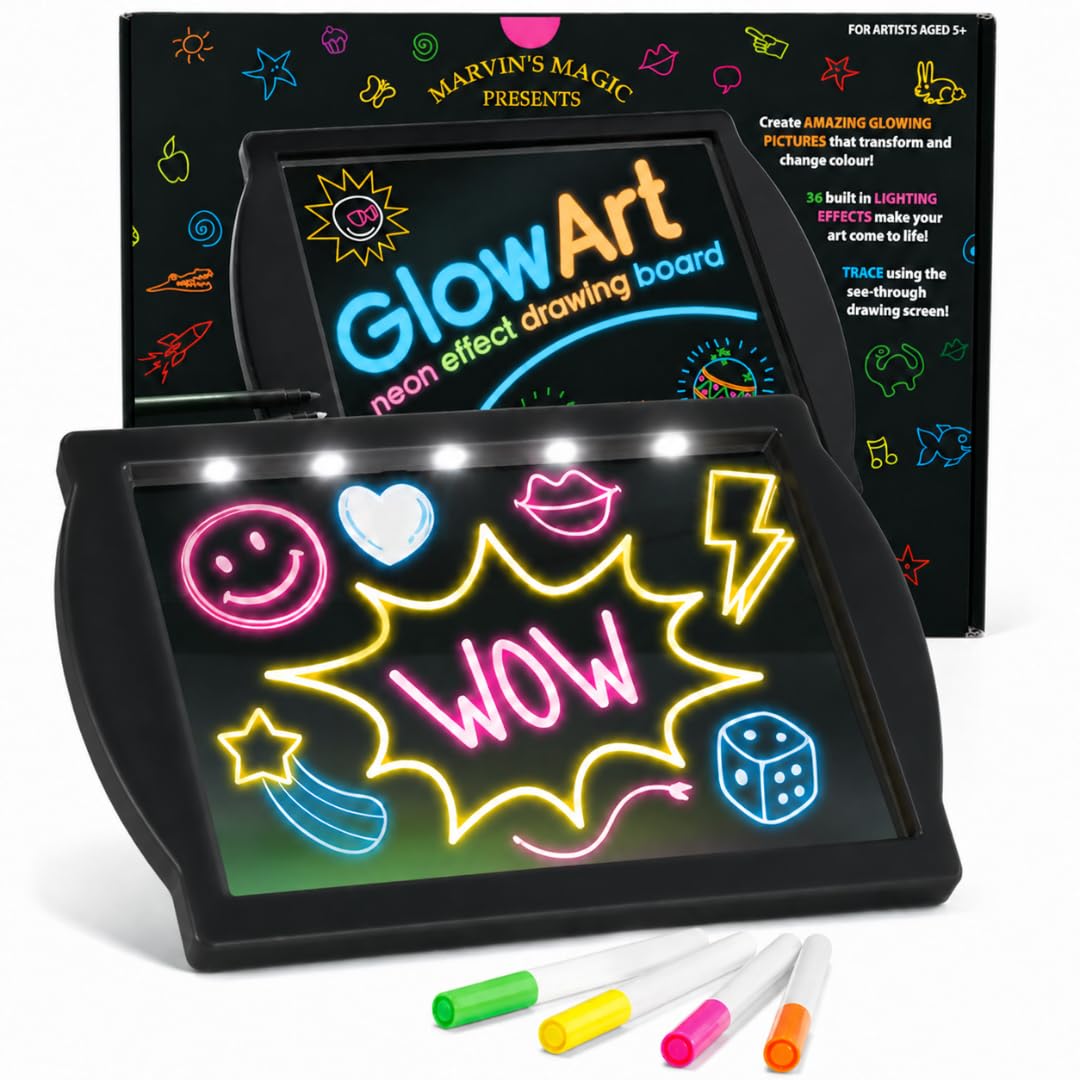 Marvin's Magic - Glow Art LED Drawing Board for Children - Black Light Up Drawing Pad with Glow in The Dark Colouring Pens - Battery Powered Tablet - Tracing Pad for Ages 5+