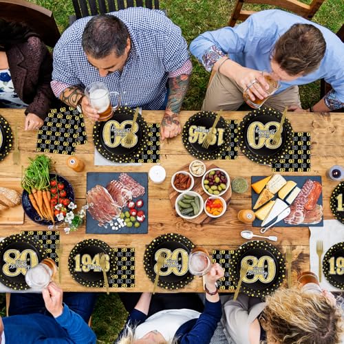 Image of 96PCS 80th Theme Birthday Party Tableware Vintage 1946 Party Supplies 80 Year Old Birthday Decorations Plates Napkins Forks Black and Gold Dinnerware Favors for Men or Women