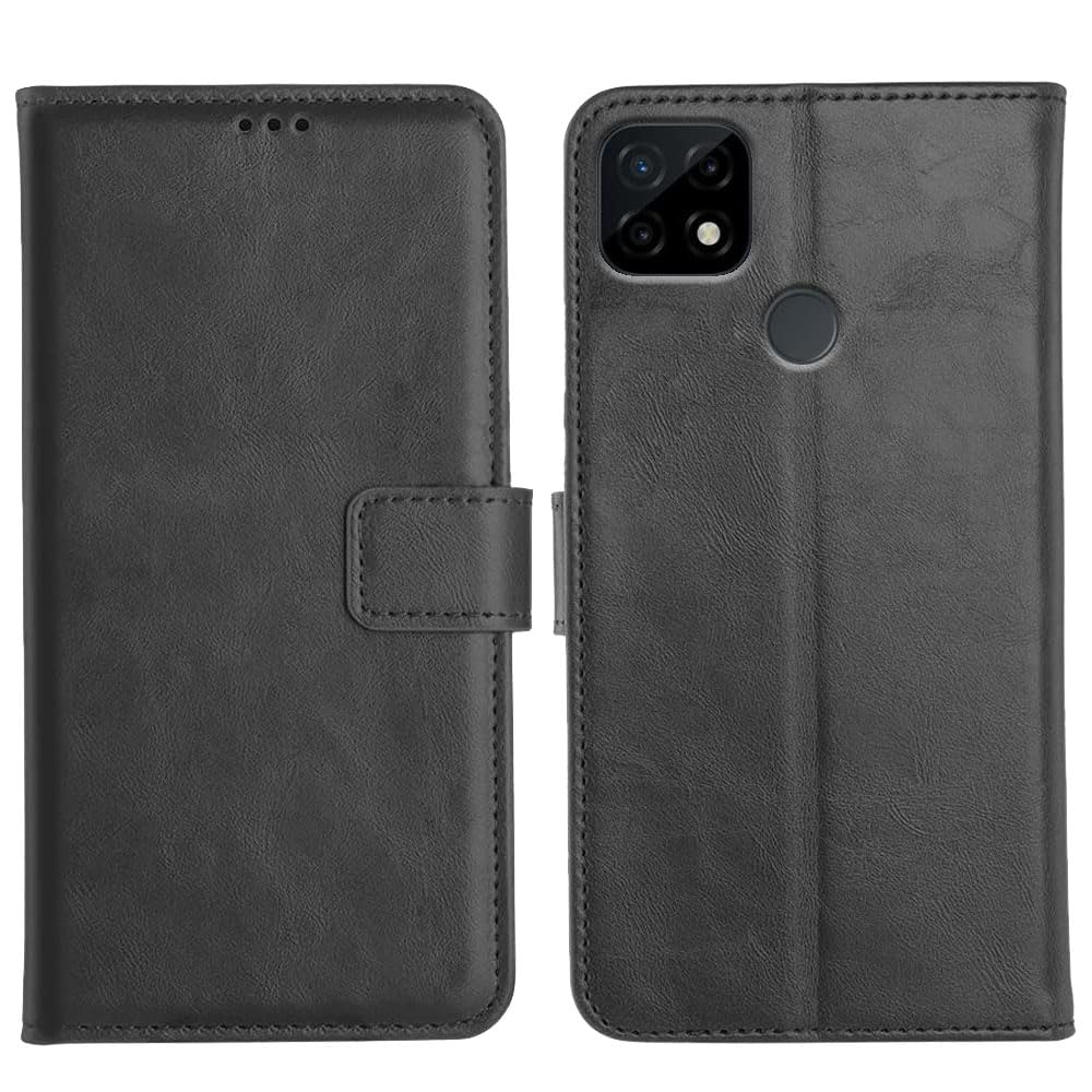 Flip Cover Case for Realme C21 (Leather Finish | Magnetic Closure | Cards Pockets Inside | Shockproof 360 Degree Protect [Black] (Black)