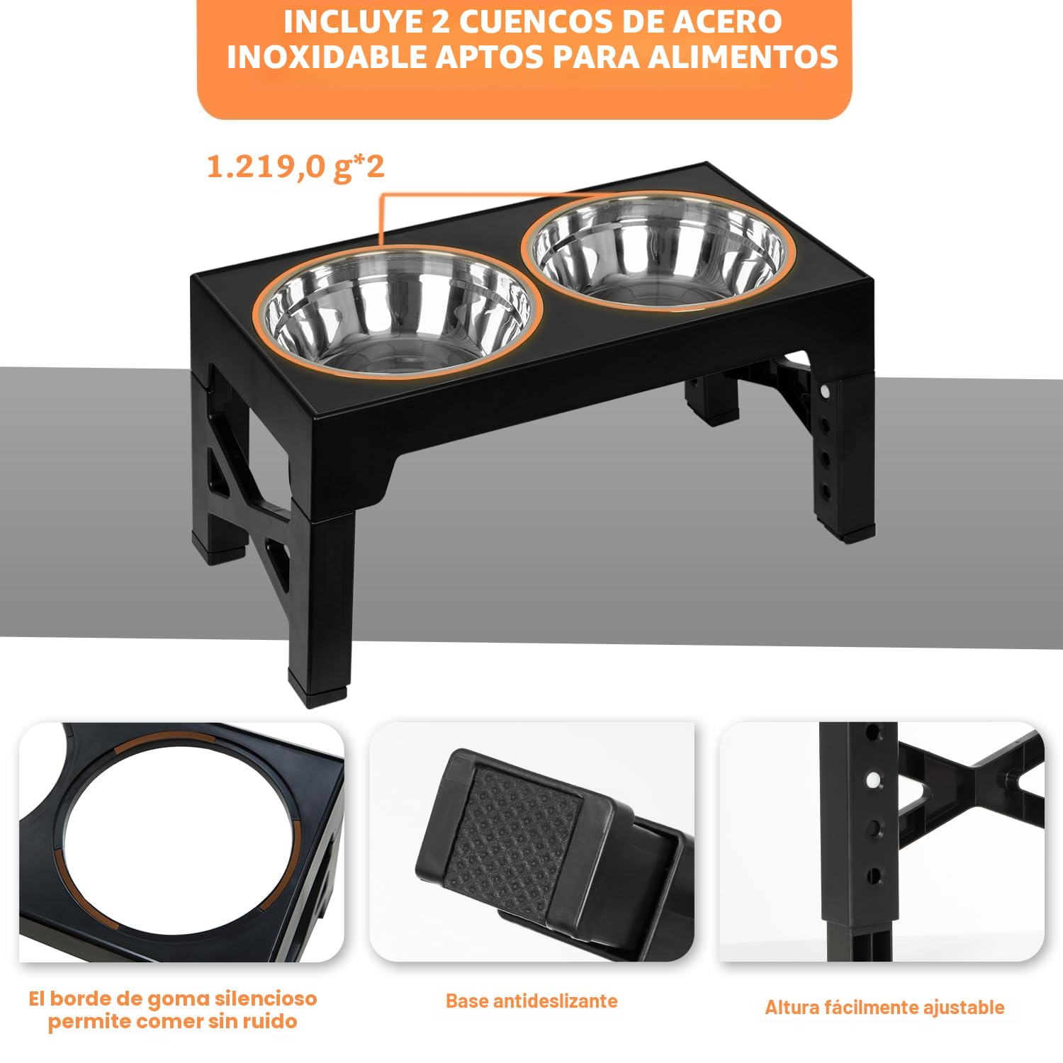 FOREYY Comedero y Bebedero Elevado Ajustable Con 2 Cuencos de Acero Inoxidable 1200ML, 5 Alturas, Antideslizante Para Perros Medianos y Grandes, Negro