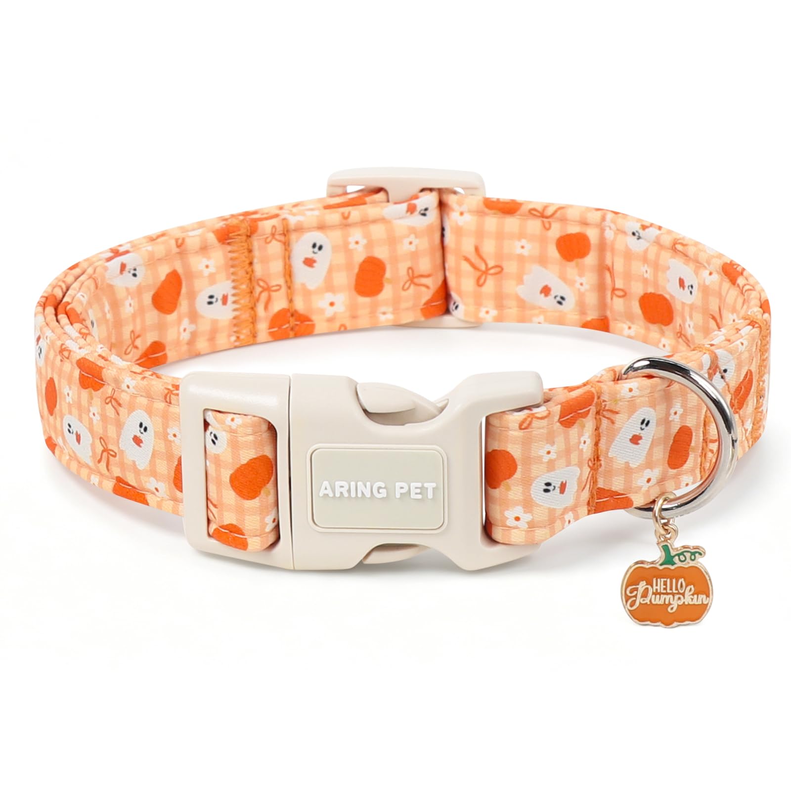 ARING PET Halloween Dog Collar, Cute Orange White Plaid Pumpkin Ghost Bow Pet Collars for Puppy Small Medium Large Girl Boy Dogs-L