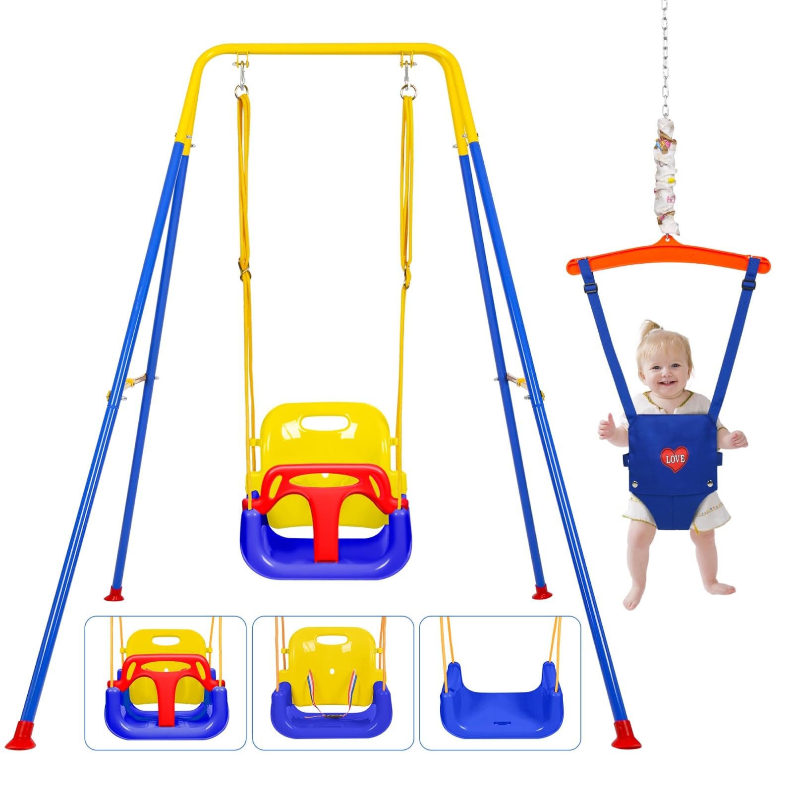 4-in-1 Height Adjustable Toddler Swing Set and Baby Jumper, Safe &amp; Durable