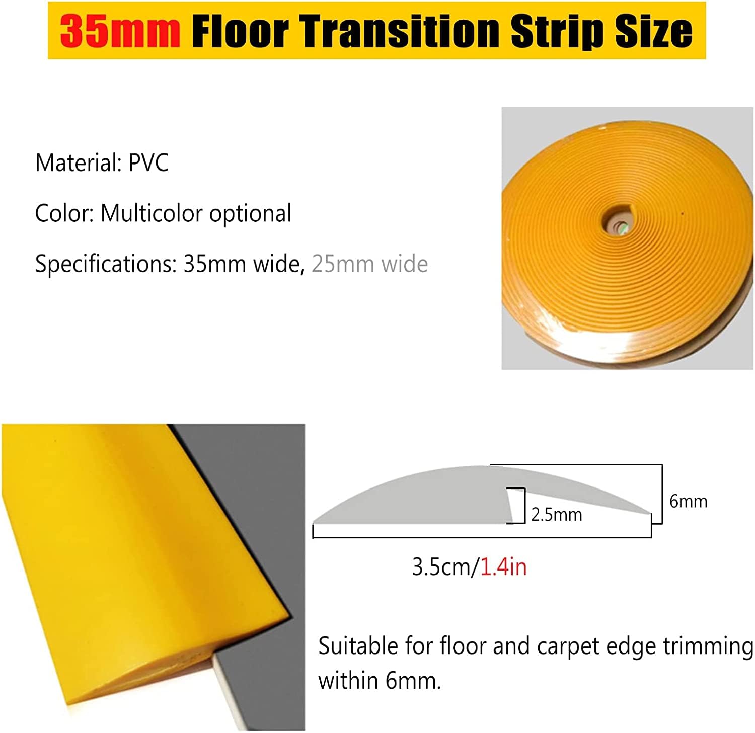 Tira divisora plana para suelos de alfombra a baldosa, tiras de cubierta de umbral de 6 mm, borde flexible, borde de suelo, solución de tratamiento de suelos