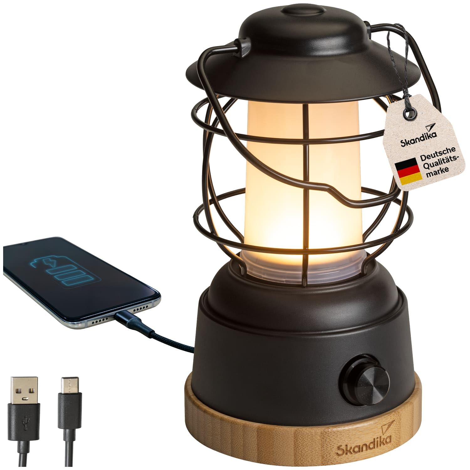 Skandika Lámpara LED Kiruna Jord | lámpara retro de camping para exteriores con power bank, regulable sin escalonamiento, sin cable, recargable, USB, estructura de acero, 200h de autonomía
