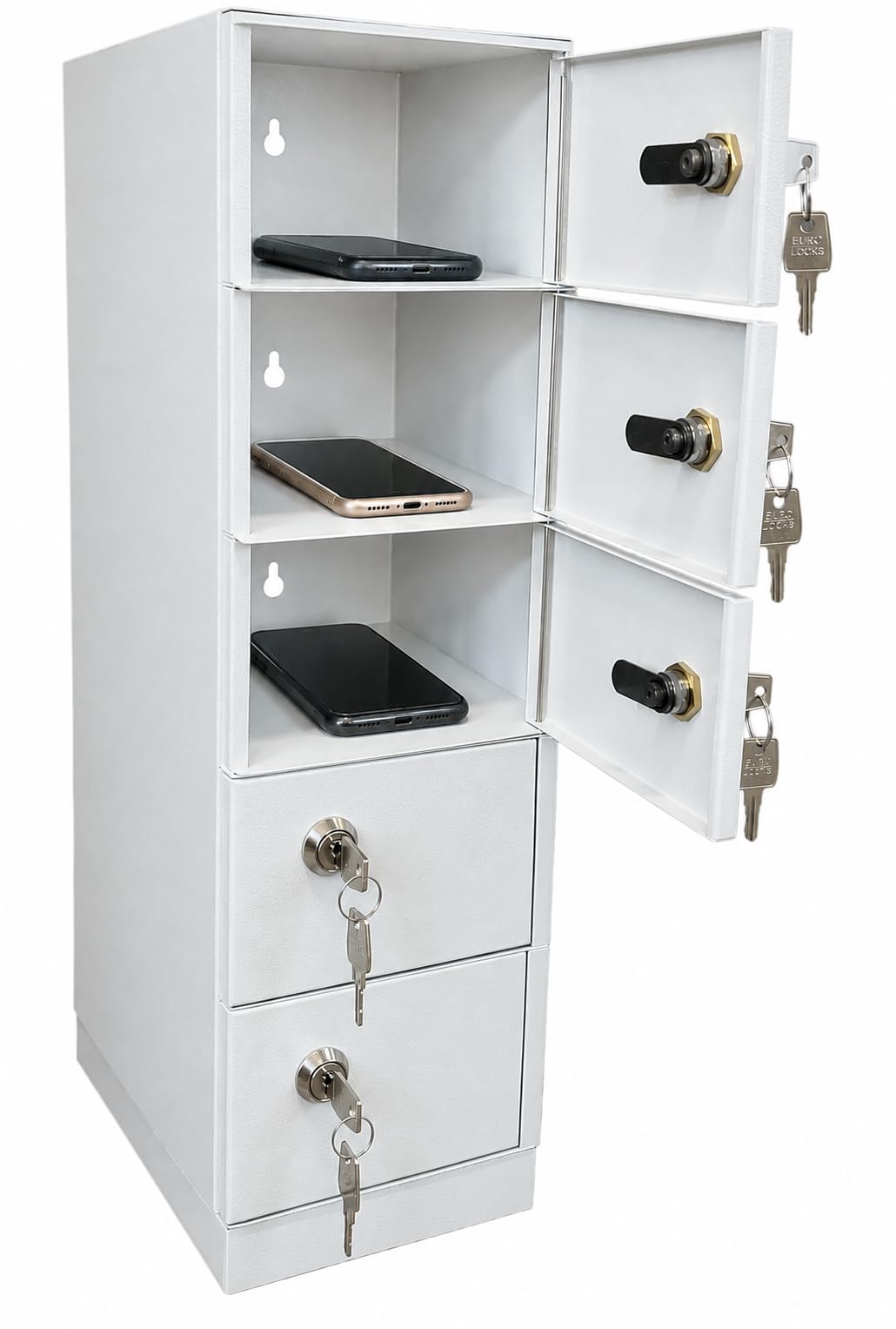LEOMAR Handyschrank für Unternehmen & Schulen, Schließfachschrank für Handys, Handy-Schrank aus Stahlblech, Handyhalterschrank mit 5 Fächern & Schlüsseln, Hängender Handyhalter 53 x 15 x 20 cm, Grau
