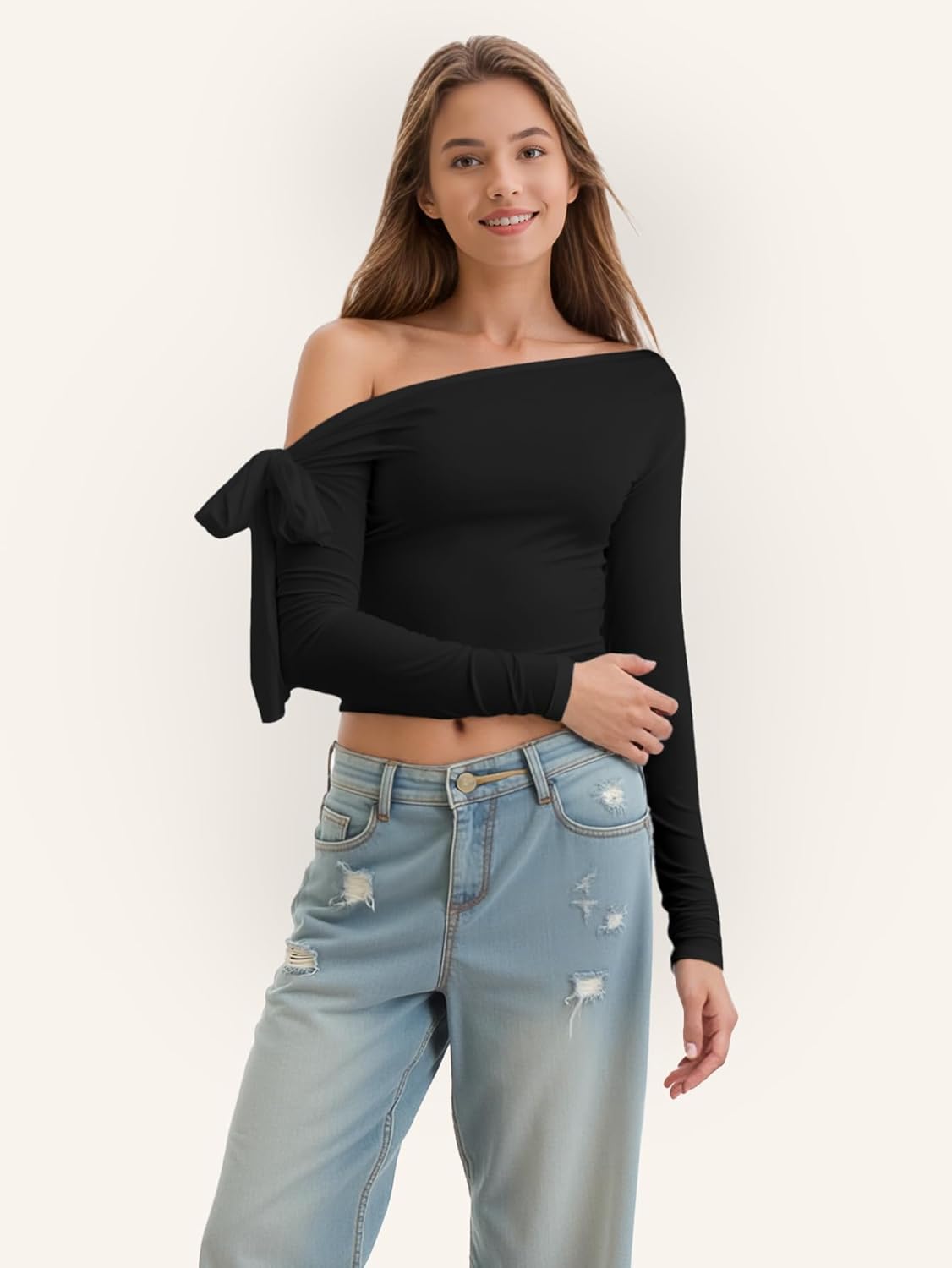 Off The Shoulder Tops for Women, Long Sleeve Going Out Crop Asymmetrical Slim Fit Fall Shirts - Image 4