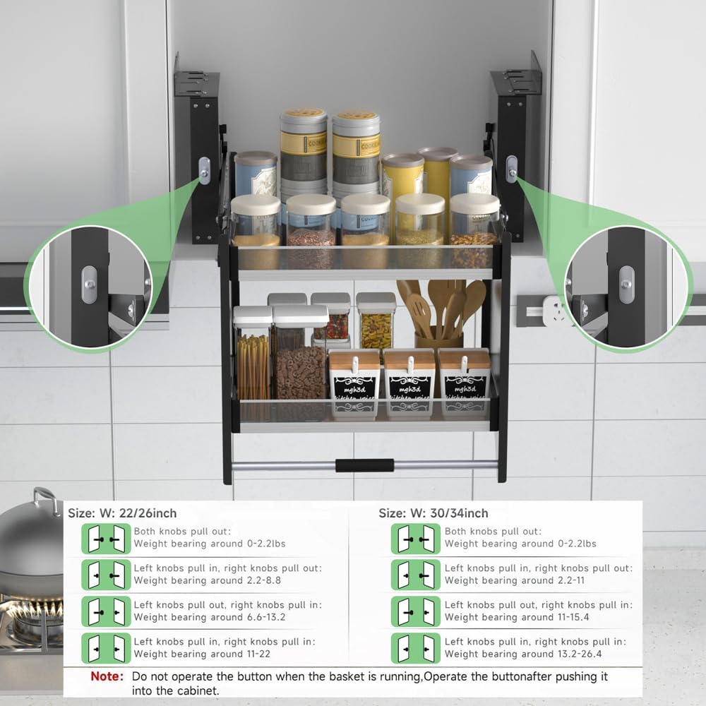 2-Tier Pull-Down Shelf, Cabinet Organizer Drop Down Sliding Shelf Space Saving Kitchen Organizer Spice Rack, 30-32 Inch Width, White