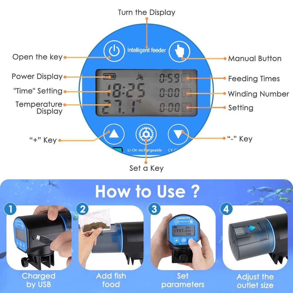 Lukovee Mangeoire automatique pour poissons, affichage de l'heure d'alimentation, minuterie rechargeable par USB, distributeur de nourriture pour aquarium ou aquarium avec grande capacité de 200 ml