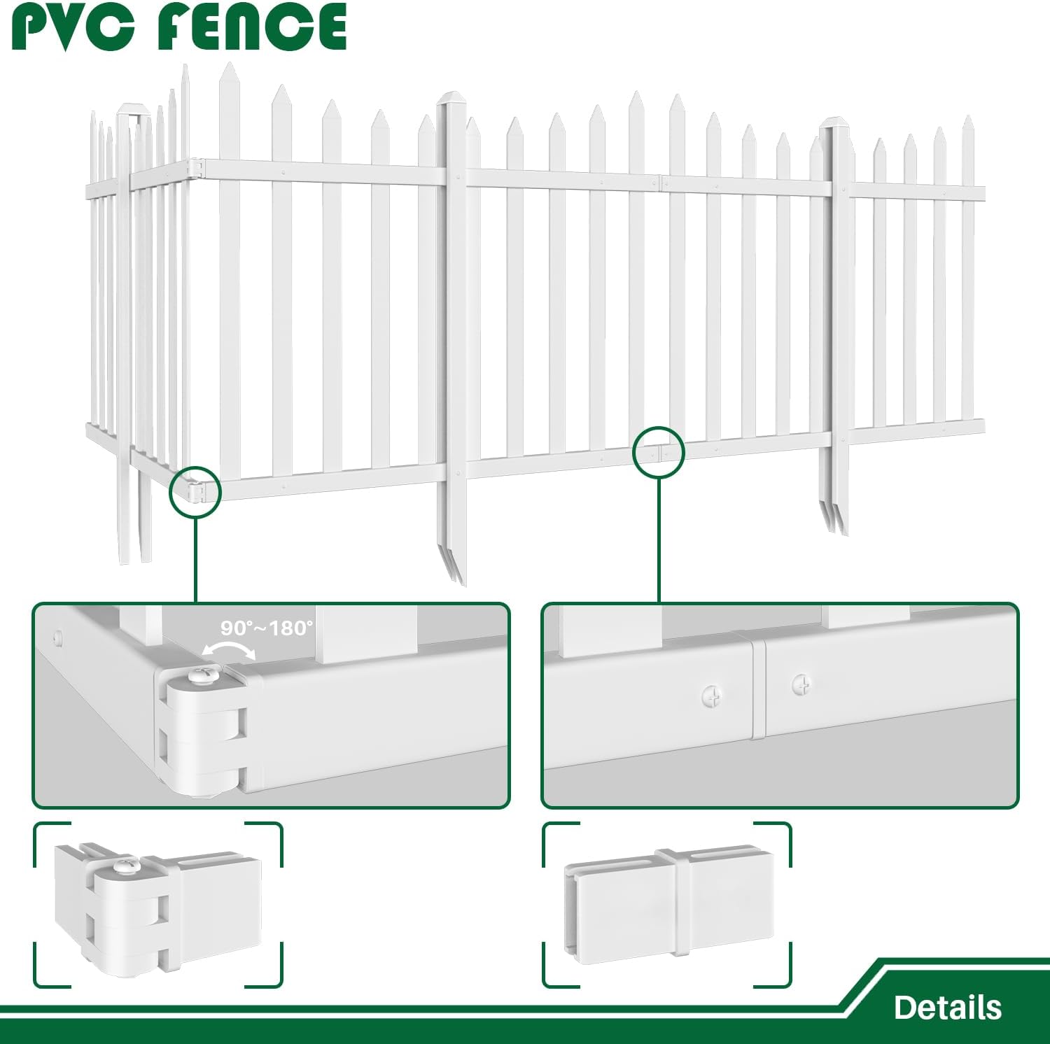 Vinyl Fence 84" W X 36" H White Picket Fence Panels (1Set), Outdoor Adjustable Plastic Fencing for Garden Yard Pets, Suitable for Soft Ground (CurvedTop with 20 Pickets