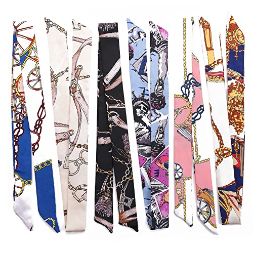 12pcs Mixed Hair Scarf Handbag Scarf Fashion Silk Head Scarf Handbag Handle Wrap Ribbon Neckerchief Scarf for Women