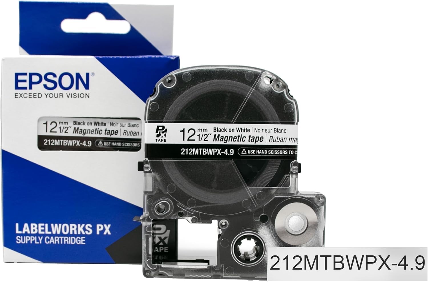 Epson LABELWORKS 212MTBWPX-4.9-5PK Genuine Magnetic Tape Cartridge - Black on White Magnet Label Maker Tape - 1/2" (12MM) Wide, 4.9 ft, White - 5 Pack