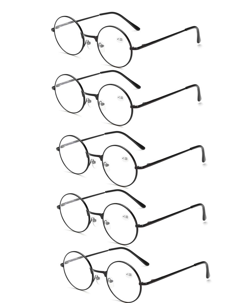 Ghzzy Men's Black 5 Pack Retro Reading Glasses - Spring Hinge Round Computer Reading Glasses For Reader For & Wo - Metal Vintage Eyeglasses,,+2.50