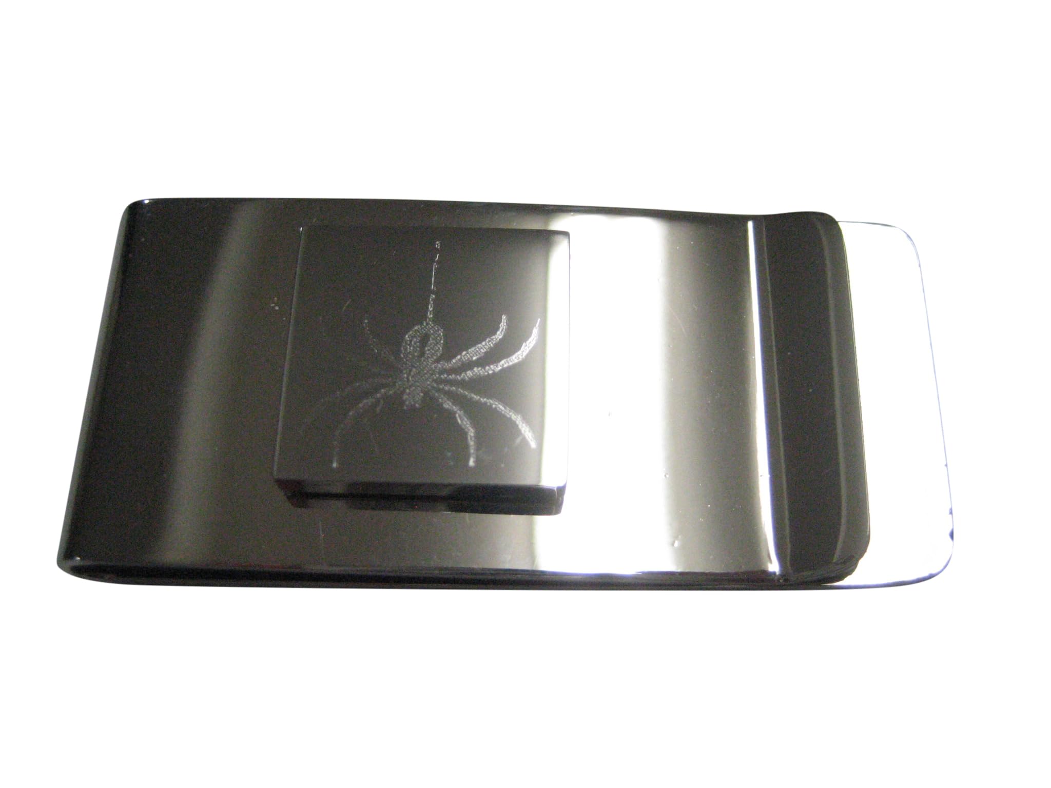 Kiola Designs Silver Toned Square Etched Black Widow Spider with Spider Silk Bug Insect Money Clip