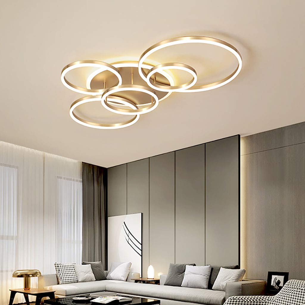 Lampa sufitowa LED, nowoczesna lampa wisząca, kreatywny żyrandol z pilotem zdalnego sterowania, ściemniana, okrągła, 6 kół, 86 W, aluminium, akryl, do sypialni, złota