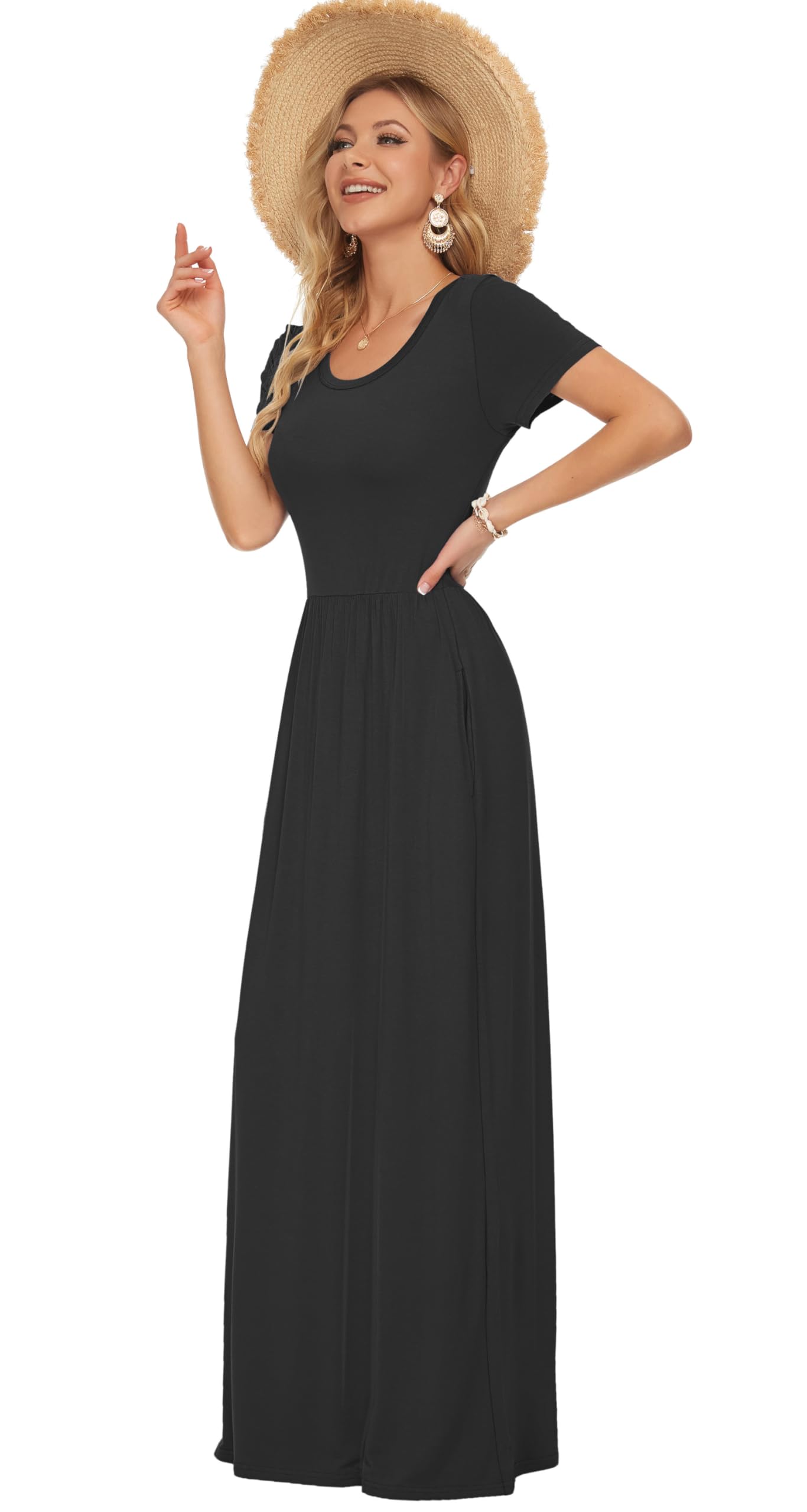 AUSELILY Damen Kurzarm Sommer Maxi Kleider mit Taschen